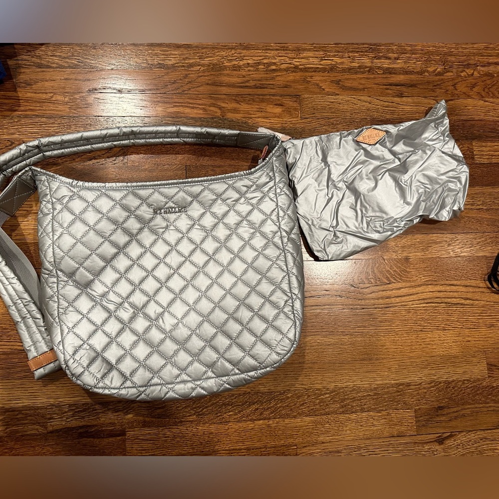 Mz Wallace Parker Crossbody in Tin with Neon Pink Interior